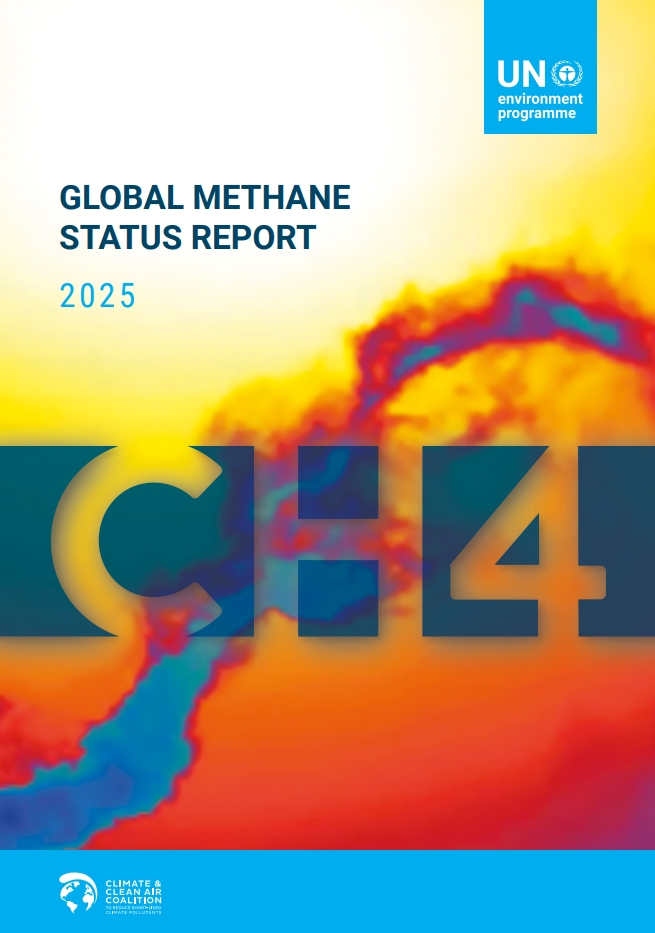 Cover of the “Global Methane Status Report 2025” by the UN Environment Programme. The design features bold letters “CH4” over a vibrant background of red, yellow, and blue gradient resembling heat or atmospheric patterns. Logos of UNEP and Climate & Clean Air Coalition appear at the top and bottom.